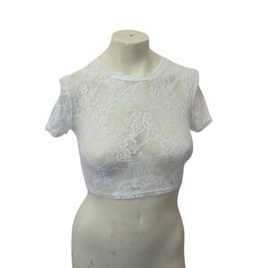 JNK White Floral Lace Sheer Crop Top Women's S/M Short Sleeve Festival Boho Tee